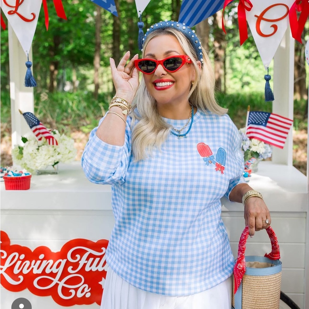 Blue Gingham Sweatshirt with Popsicle Graphic